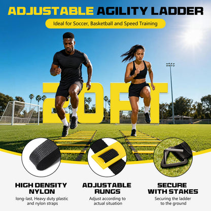 2 Pack 20ft Agility Ladder Set, 40ft Total Adjustable Speed Ladder with 12 Cones, 8 Stakes, 1 Carry
