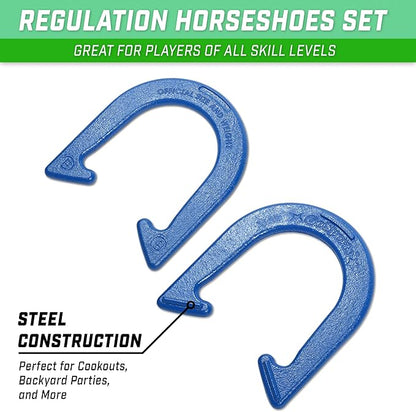 GoSports Steel Horseshoes Outdoor Game Set - Gold & Silver or Red & Blue - Official Size and Weight