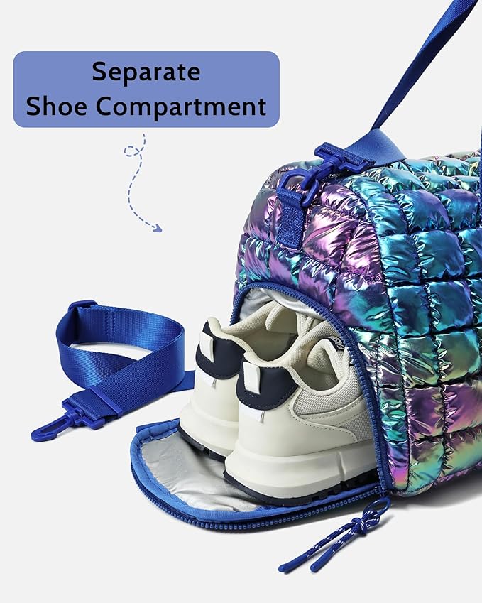Quilted Duffel Bag for Women, Puffer Gym Duffle Bag with Shoe Compartment Lightweight Large