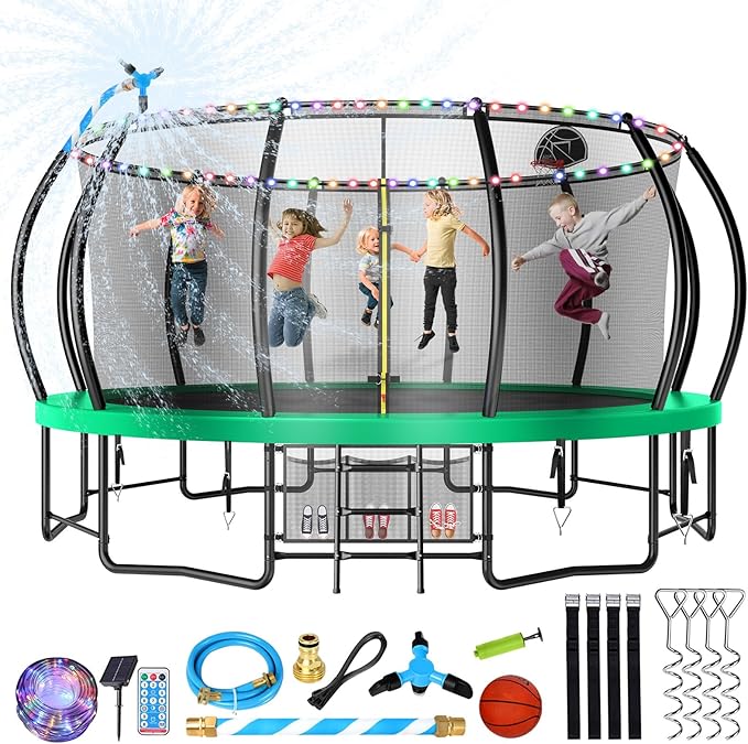 12 14 15 16FT Trampoline Outdoor with Basketball Hoop, Trampoline with Lights for Kids and Adults