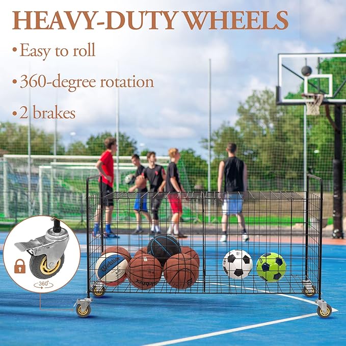 MyGift X-Large Capacity Black Metal Sports Ball and Gym Equipment Storage Rolling Cart with 2