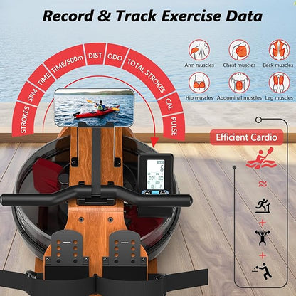 Water Rowing Machine for Home Use, WENOKER Wooden Foldable Rower Machine with Adjustable Monitor &