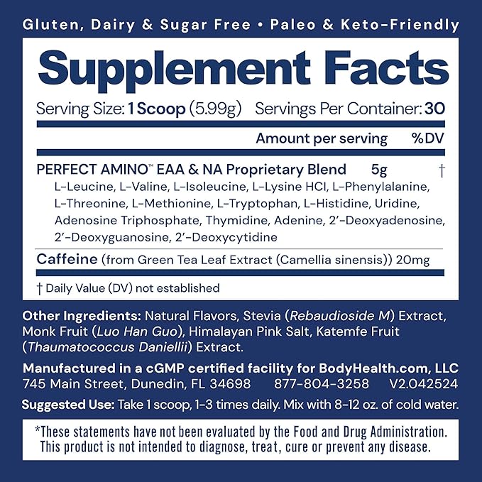 BodyHealth PerfectAmino Powder - BCAA and EAA Powder for Pre and Post Workout - Amino Acid Energy