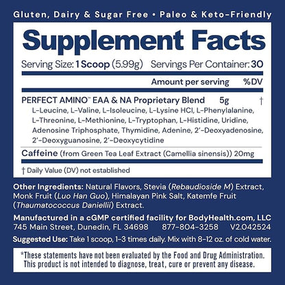 BodyHealth PerfectAmino Powder - BCAA and EAA Powder for Pre and Post Workout - Amino Acid Energy