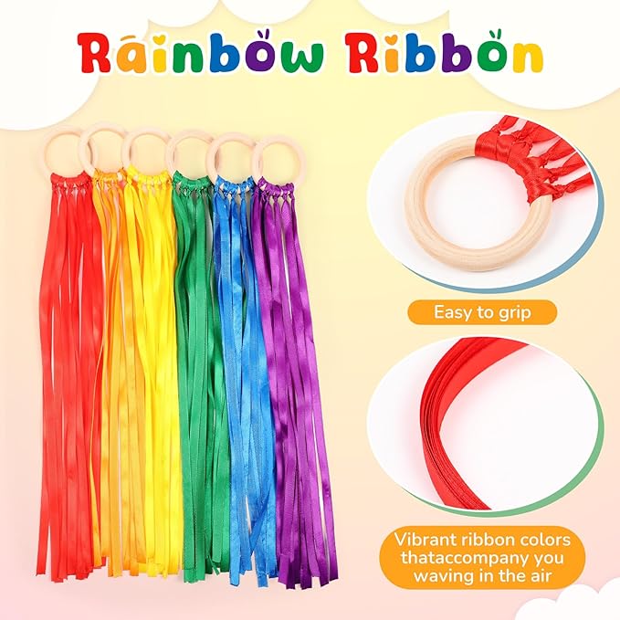 Deekin 12 Pcs Rainbow Ribbon Wooden Waldorf Toys Creative Waldorf Hand Kite Set Streamers with Wood