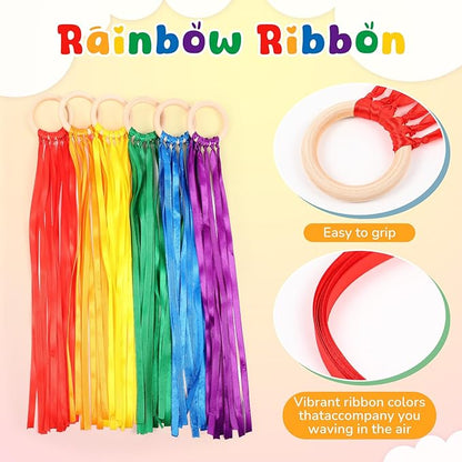 Deekin 12 Pcs Rainbow Ribbon Wooden Waldorf Toys Creative Waldorf Hand Kite Set Streamers with Wood