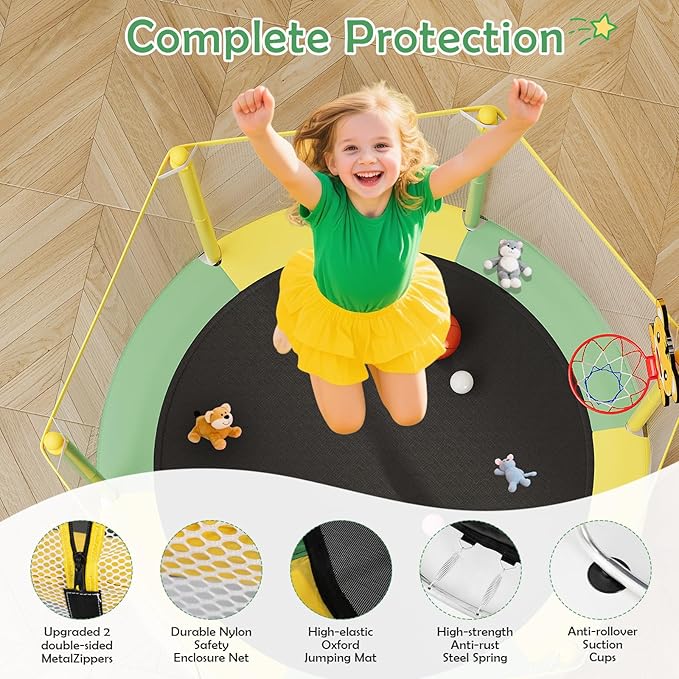 Kids Trampoline with Safety Net – 440lbs Capacity, Upgraded Rust-Proof Ring Legs, Adjustable