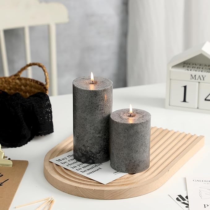 3x6 inch Grey Pillar Candles Set of 3, Unscented Pillar Candle, Dripless and Smokeless Large