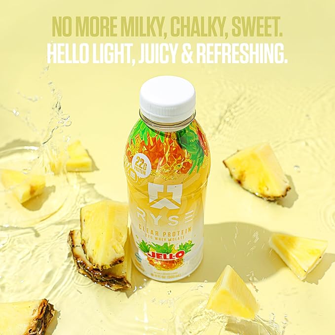 RYSE Clear Protein Shake - Jell-O Island Pineapple - 100 Calories, 22g Whey Isolate Protein