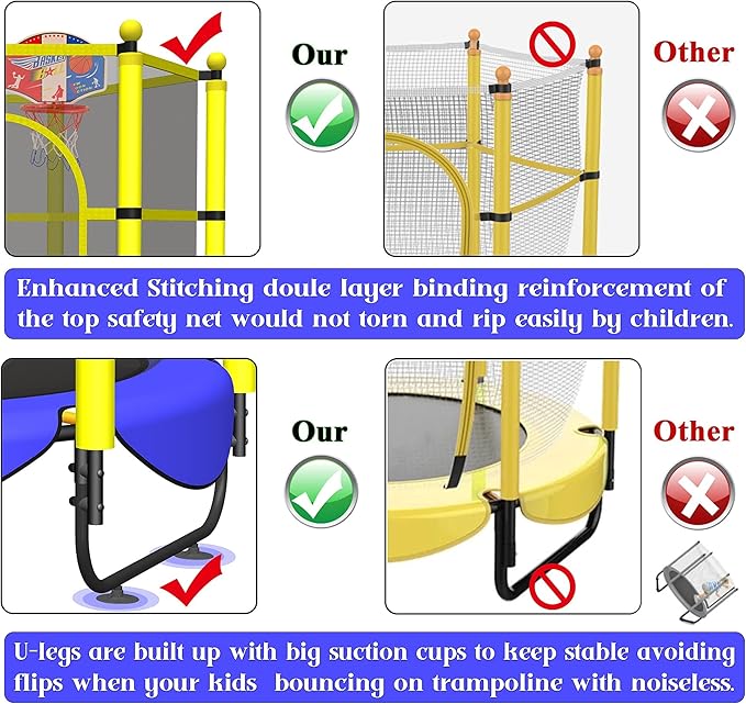 60" Trampoline for Kids, 5 FT Indoor & Outdoor Toddler Baby Trampoline with Basketball Hoop, Safety