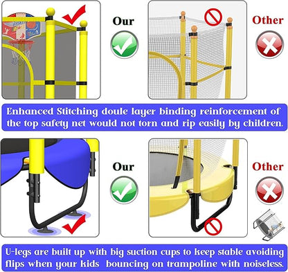 60" Trampoline for Kids, 5 FT Indoor & Outdoor Toddler Baby Trampoline with Basketball Hoop, Safety