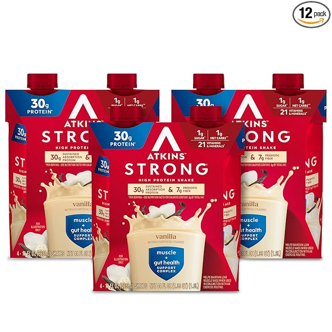 Atkins Strong High Protein Shake, Vanilla Flavored, 30g Protein, Low Carb and Low Sugar Shake, Keto