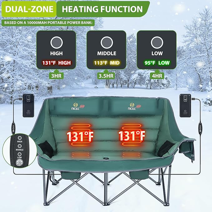 Nice C Heated Camping Chair with Battery, Heated Double Camping Couch, Oversized Thick Padded