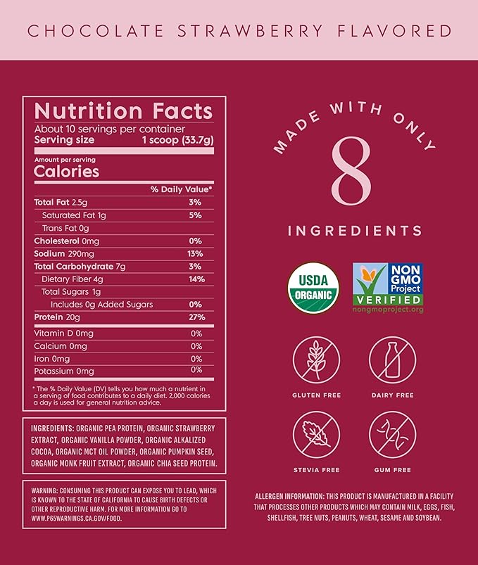 Truvani Vegan Pea Protein Powder | Chocolate Strawberry | 20g Organic Plant Based Protein | 10