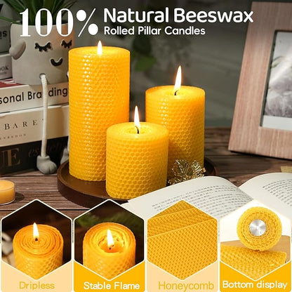 3 Pack Natural Beeswax Pillar Candles,2.8x4in Handmade Beeswax Rolled Candles,96 Hours Long Burning