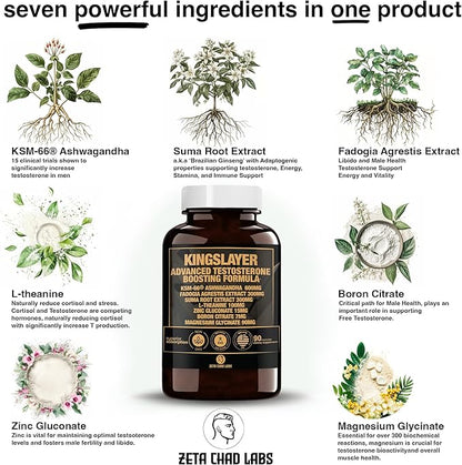 Kingslayer: 7-in-1 Testosterone Booster for Men w/KSM-66, Fadogia, Suma Root, L-Theanine, Zinc