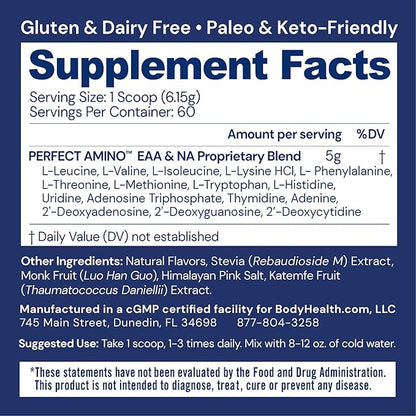 BodyHealth PerfectAmino Powder - BCAA and EAA Powder for Pre and Post Workout - Amino Acid Energy