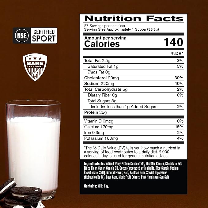 BARE PERFORMANCE NUTRITION, BPN Whey Protein + Casein Protein Powder Blend, Milk N' Cookies, 25g