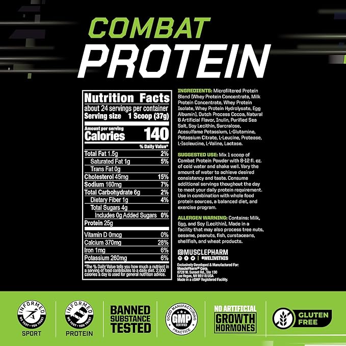 MusclePharm Combat Protein Powder, Chocolate Milk Flavor, Fuels Muscles for Productive Workouts, 5
