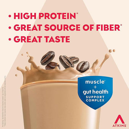 Atkins Strong High Protein Shake, Café Latte, 30g Protein, 7g Prebiotic Fiber, Muscle & Gut Health