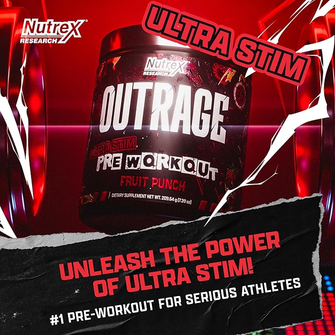 Outrage Ultra HIGH STIM Pre-Workout Powder for Men Fruit Punch | 400mg Caffeine, L-Citrulline