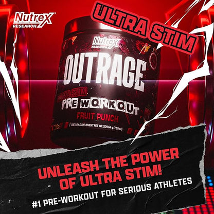 Outrage Ultra HIGH STIM Pre-Workout Powder for Men Fruit Punch | 400mg Caffeine, L-Citrulline