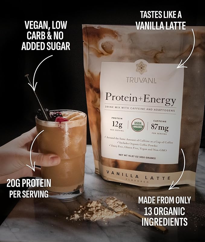 Truvani Protein + Energy Drink Mix with 87mg Caffeine | Vanilla Latte | 12g Organic Plant Based
