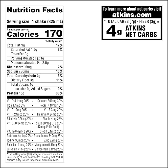 Atkins Iced Coffee Vanilla Latte Protein Shake, 15g Protein, Low Glycemic, 4g Net Carb, 1g Sugar