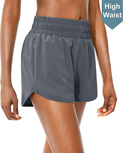 SANTINY Women's Running Shorts with Zip Pockets High Waisted Athletic Workout Gym Shorts for Women