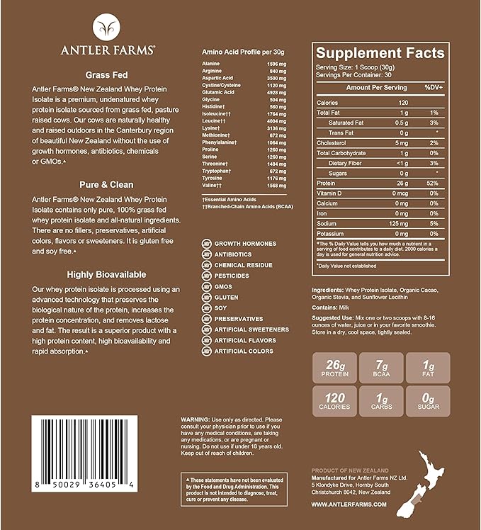 Antler Farms - 100% Grass Fed New Zealand Whey Protein Isolate, Chocolate Flavor, 2 lbs - Pure and