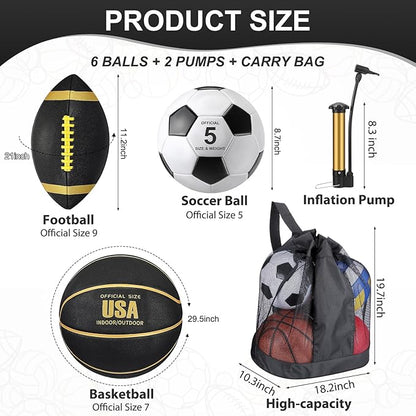 Sratte 6 Pcs Sports Balls Set for Kids Teens Adults Official Size Football Soccer Basketball with