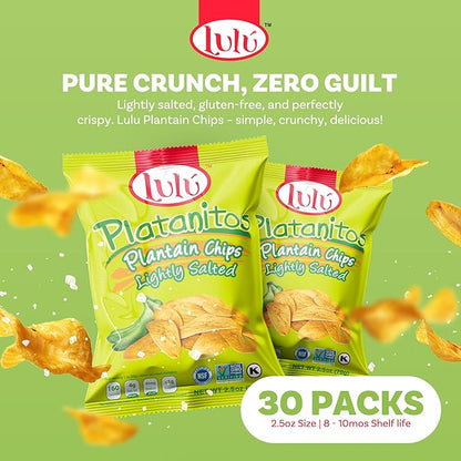 LULU Plantain Chips - Lightly Salted, 30 Individual Bags (2.5 Oz Each) - Crunchy, Delicious