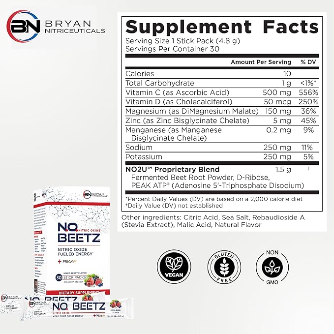 N.O. Beetz Nitric Oxide Fueled Energy Boost Supplement, Hydration & Cellular Energy Production