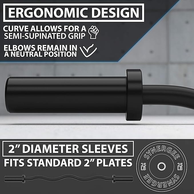Synergee Commercial EZ Curl Olympic Bar Chrome & Black Phosphate with Powder Coated Brass Bushings