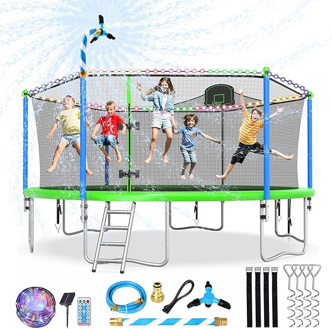 Upgraded 10/12/14/15/16FT Trampoline Outdoor, Large Kids Trampoline with Light, Stakes, Sprinkler