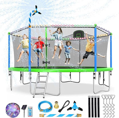 Upgraded 10/12/14/15/16FT Trampoline Outdoor, Large Kids Trampoline with Light, Stakes, Sprinkler