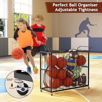 Ball Storage Bin Rolling Sports Ball Cart, Metal Garage Organizer Sport Rack, Ball Basket Storage