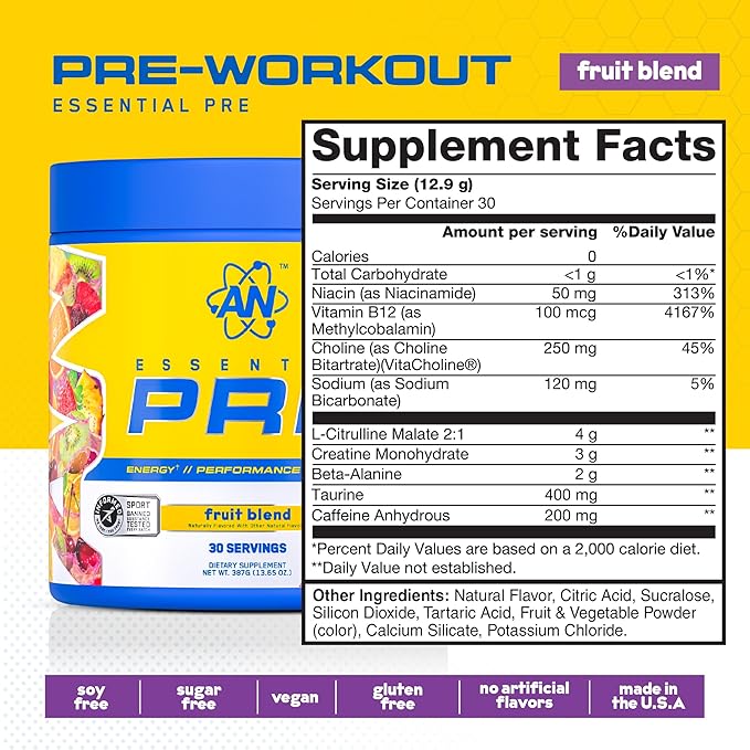 AN Essentials Pre-Workout Powder Supplement for Men & Women | Energy Drink Mix with 200mg Caffeine