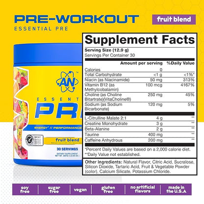 AN Essentials Pre-Workout Powder Supplement for Men & Women | Energy Drink Mix with 200mg Caffeine