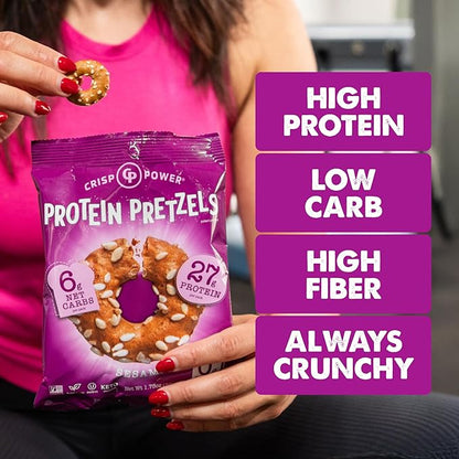Crisp Power Protein Pretzels, Sesame, High Protein Vegan Keto Snack, 27 G Plant Based Protein, Low