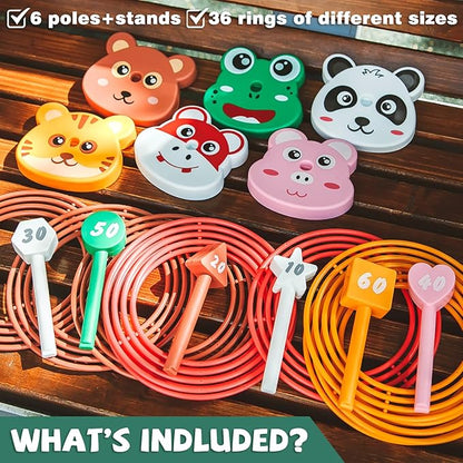 Animal Ring Toss Game Toy Set for Kids, 6 Targets Stands & 36 Rings Combo, Indoor Outdoor Party