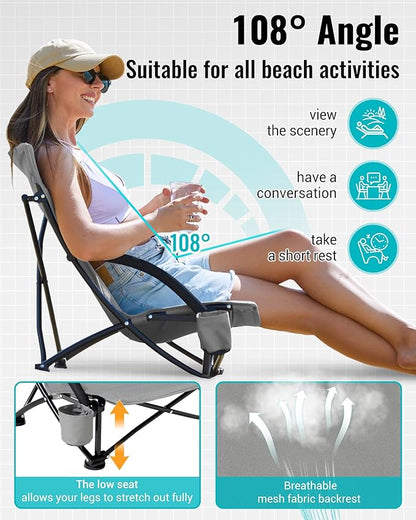 KingCamp Low Beach Chairs, Portable Folding Chair for Adults Extra Wide Ergonomic High Back Seat