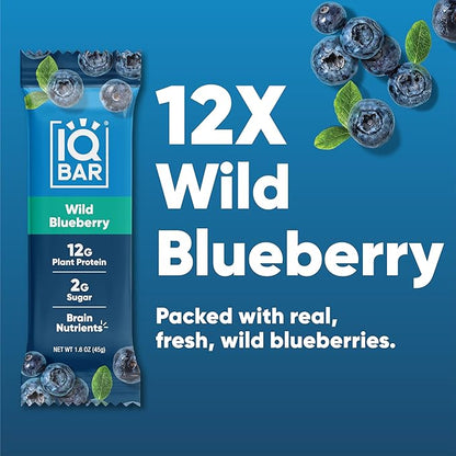 IQBAR Brain and Body Plant Protein Bars - Wild Blueberry - 12-Count Low Carb - Gluten Free, High
