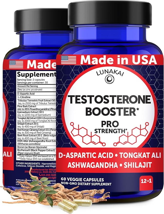 Lunakai USA Made Natural Testosterone Booster for Men with Tongkat Ali, Ashwagandha & Shilajit
