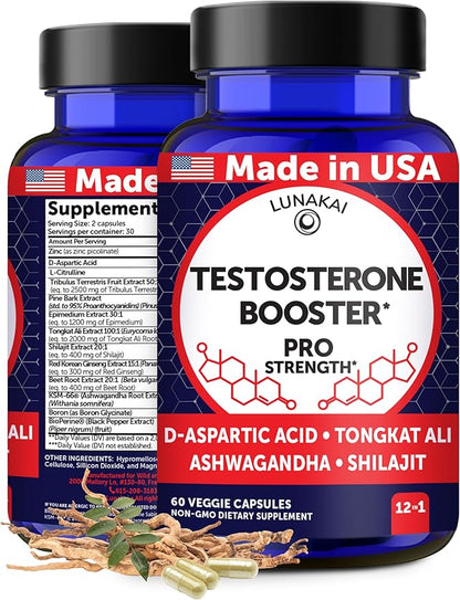 Lunakai USA Made Natural Testosterone Booster for Men with Tongkat Ali, Ashwagandha & Shilajit