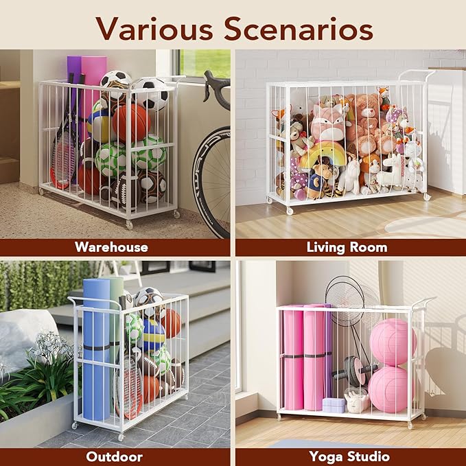 Ball Storage Bin Rolling Sports Ball Cart, Metal Garage Organizer Sport Rack, Ball Basket Storage