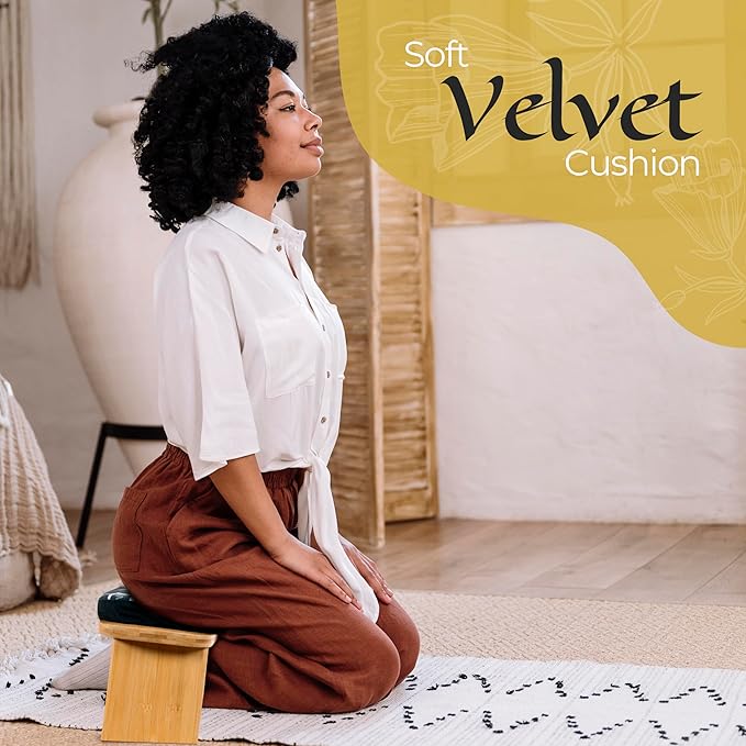 Bamboo Meditation Bench with Cushion - Foldable Bench for Multiple Seating Angles - Kneeling Chair