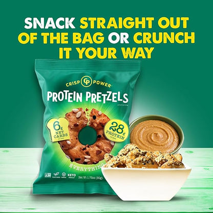 Crisp Power Protein Pretzels, Everything, High Protein Vegan Keto Snack, 28 G Plant Based Protein