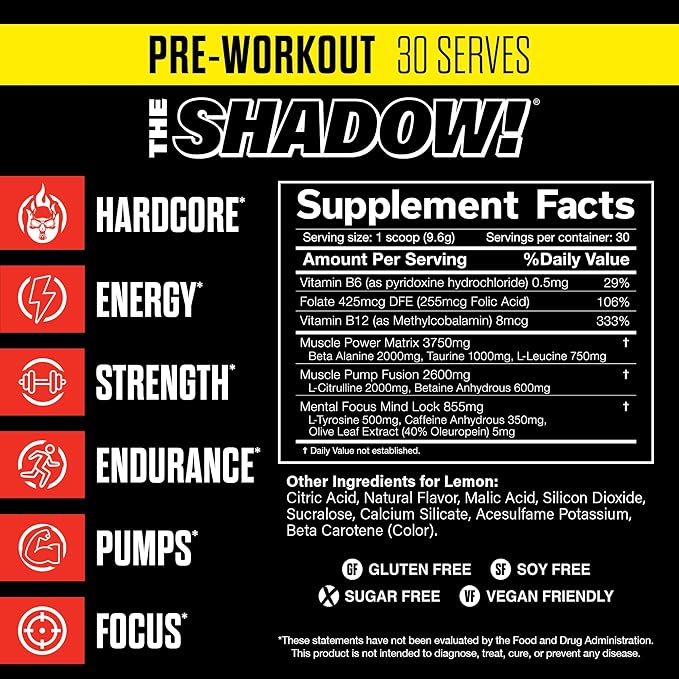 JNX SPORTS The Shadow! 350mg of Caffeine Hard Core Preworkout - Lemon 30 Servings | Electric