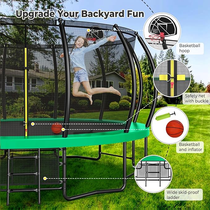 12 14 15 16FT Trampoline Outdoor with Basketball Hoop, Trampoline with Lights for Kids and Adults
